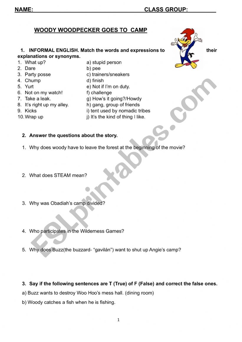 Woody Woodpecker goes to camp- Movie worksheet