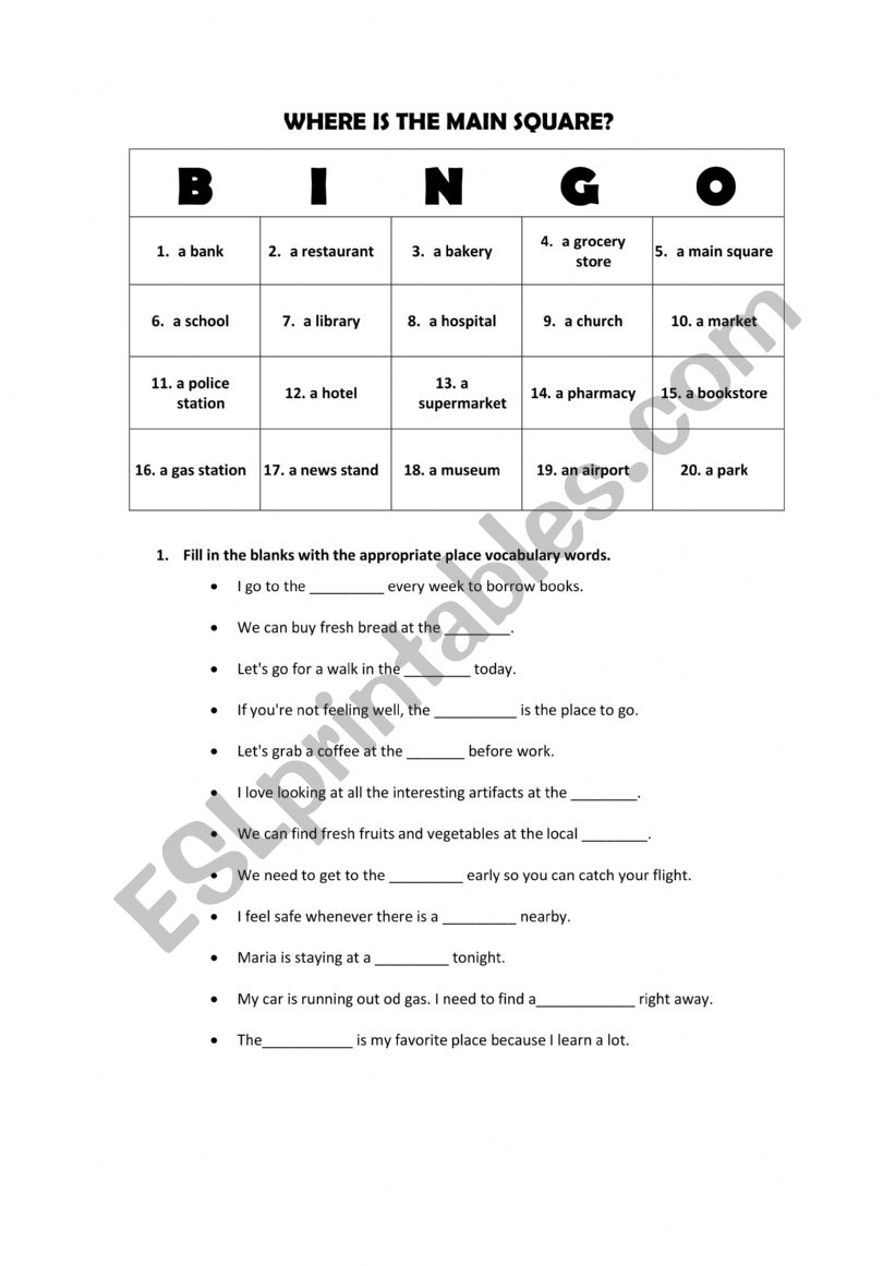 Bingo Places worksheet