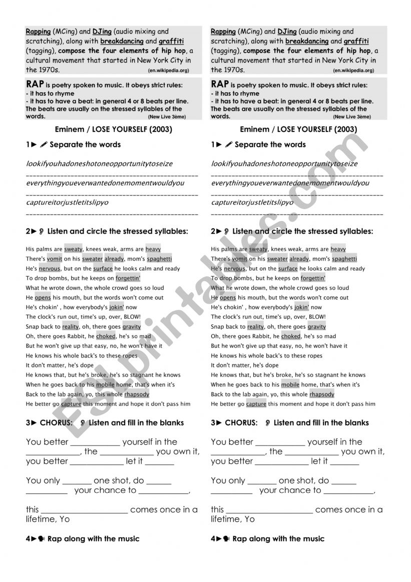 Eminem - Lose Yourself worksheet