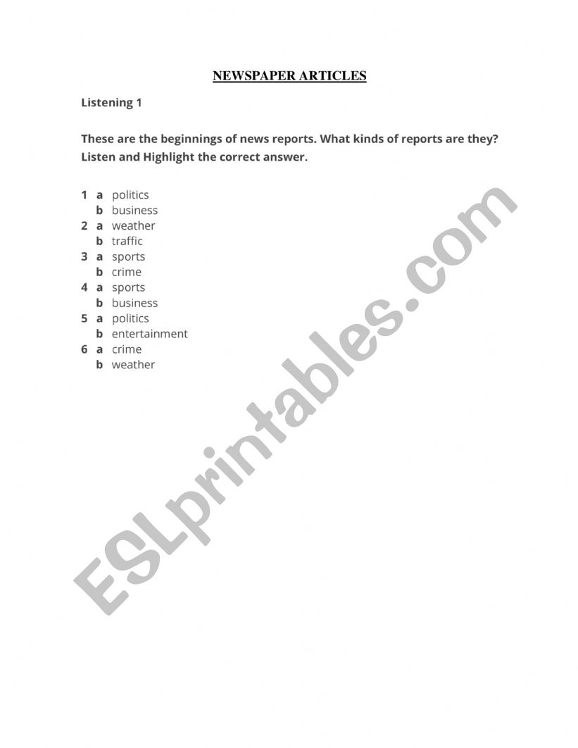 Newspaper articles worksheet