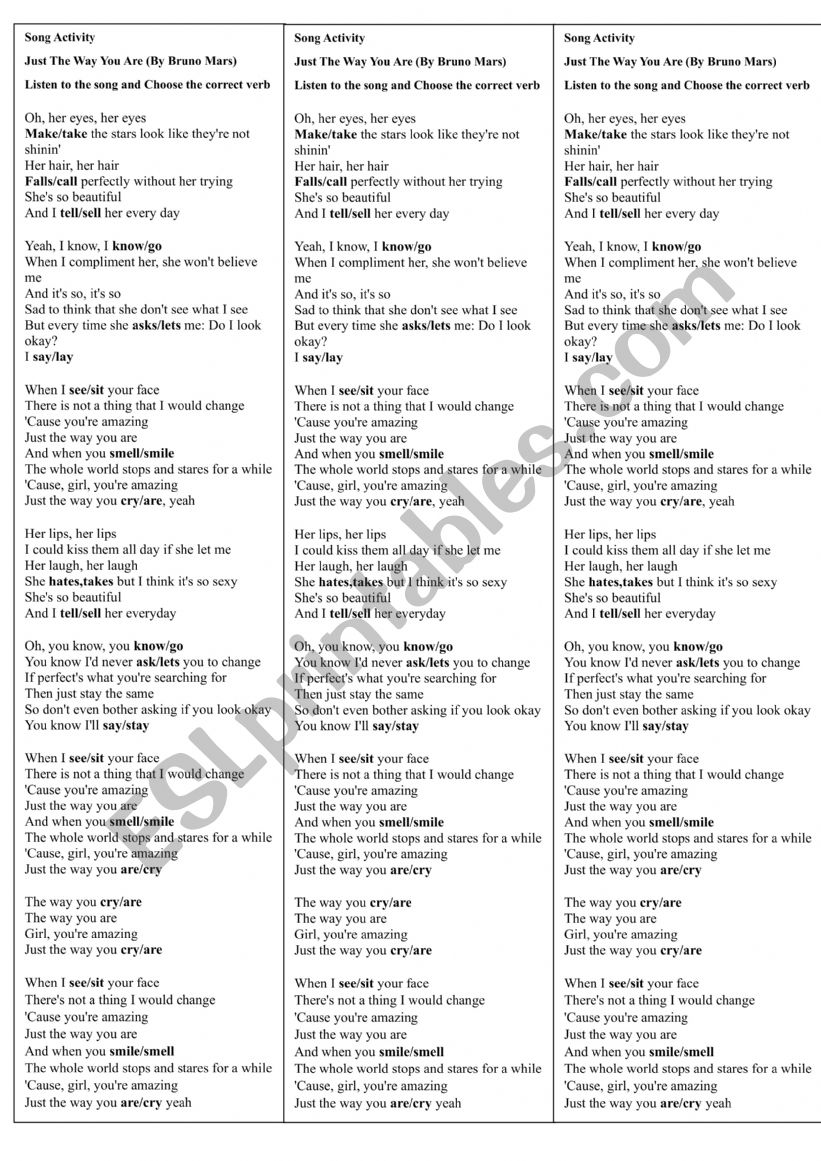 Song activity (Just the way you are by Bruno Mars) to teach verbs in the simple present