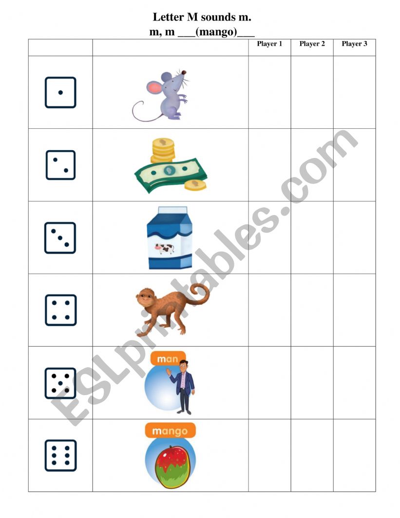 Letter M dice game worksheet