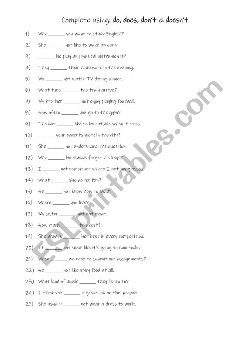 Complete using: do, does, donâ€™t & doesnâ€™t