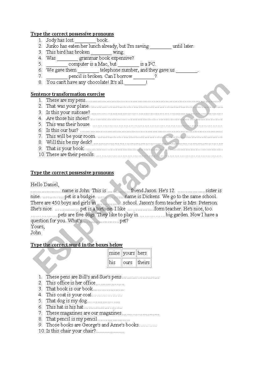 possessive pronouns worksheet