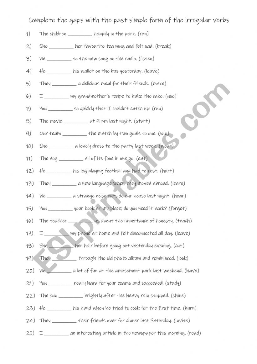 Complete the gaps with the past simple form of the irregular verbs