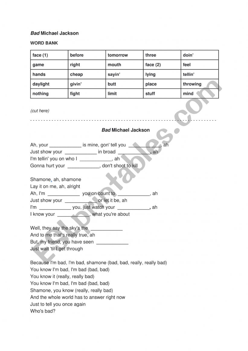 BAD by Michael Jackson worksheet