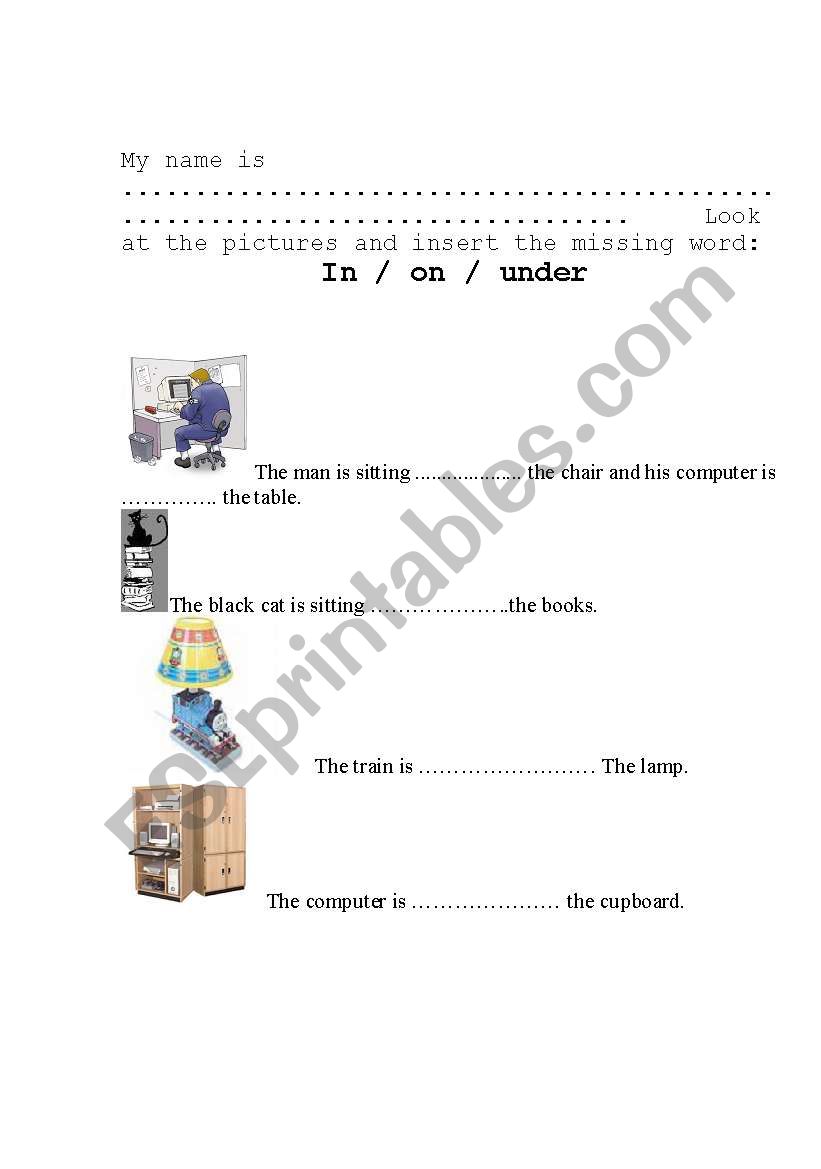 in, on or under? worksheet