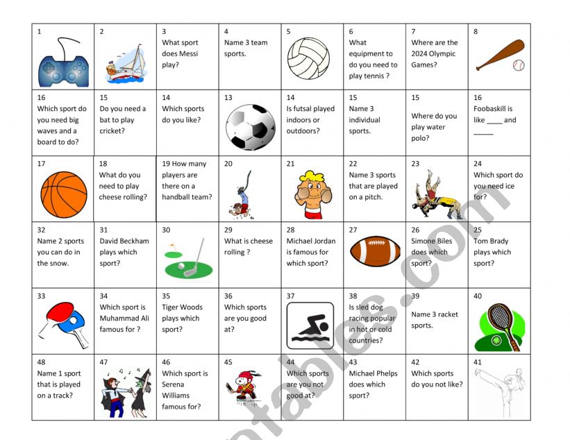 SPORTS BOARDGAME worksheet