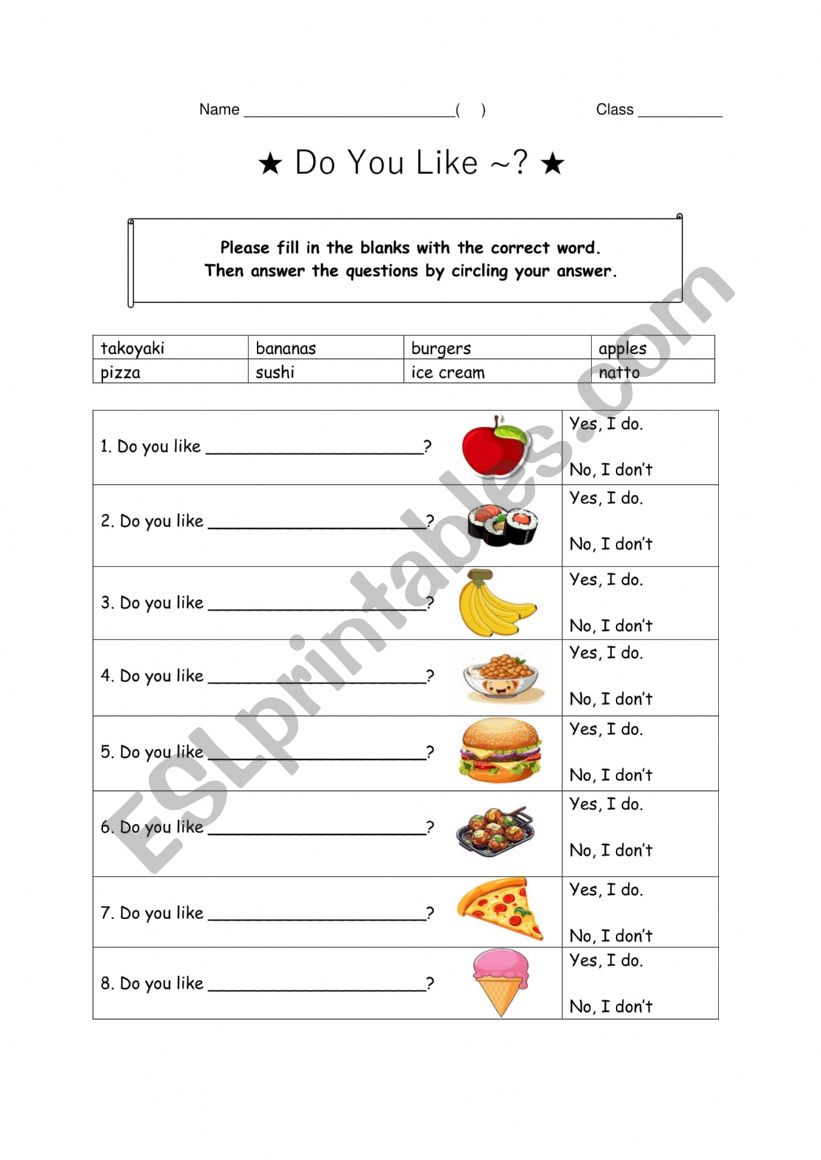Do You Like Worksheet suitable for Elementary to Intermediate. (Editable)