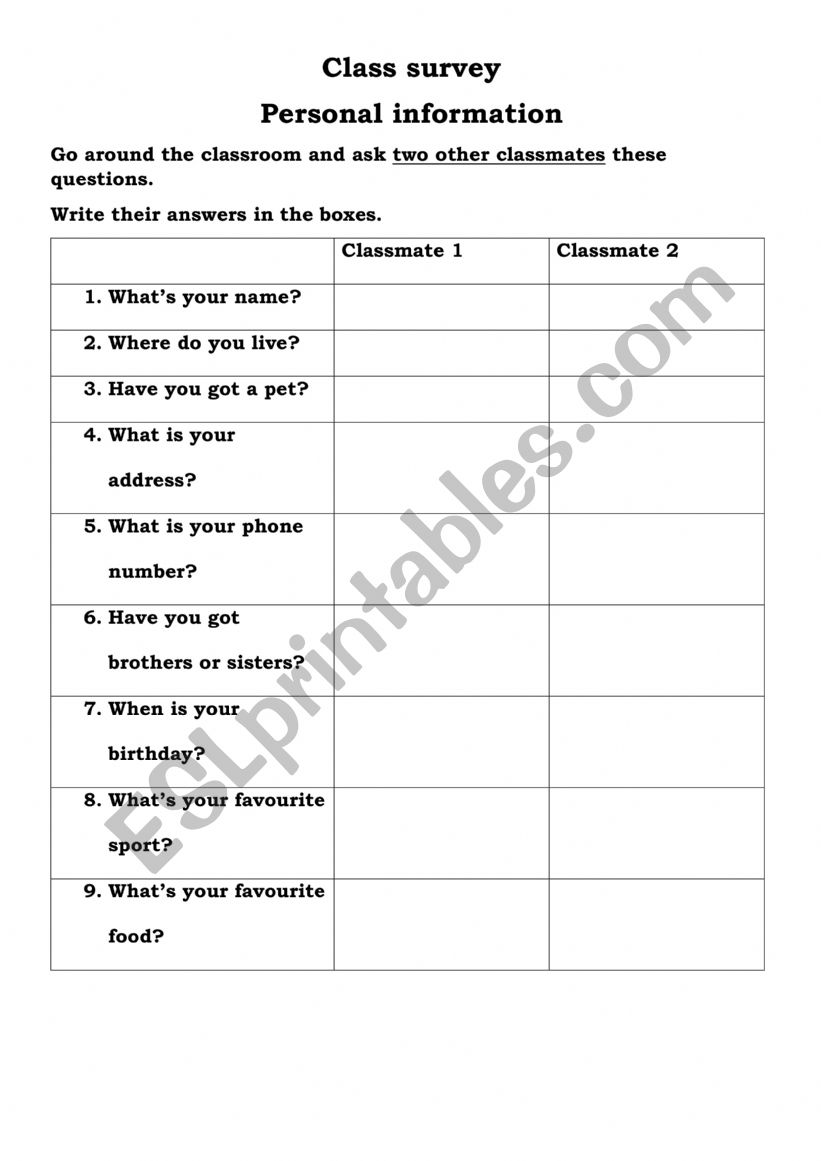 Class survey personal information 