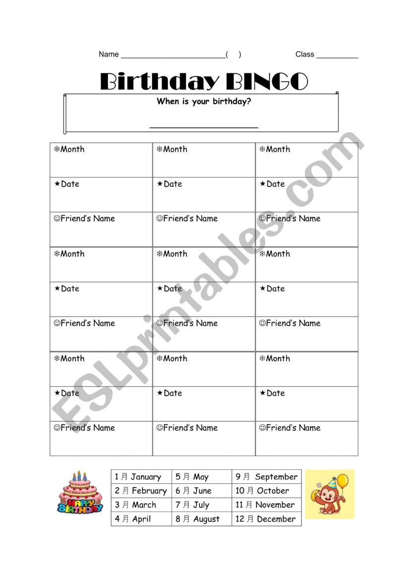 Birthday BINGO Worksheet suitable for Elementary to Intermediate. (Editable)