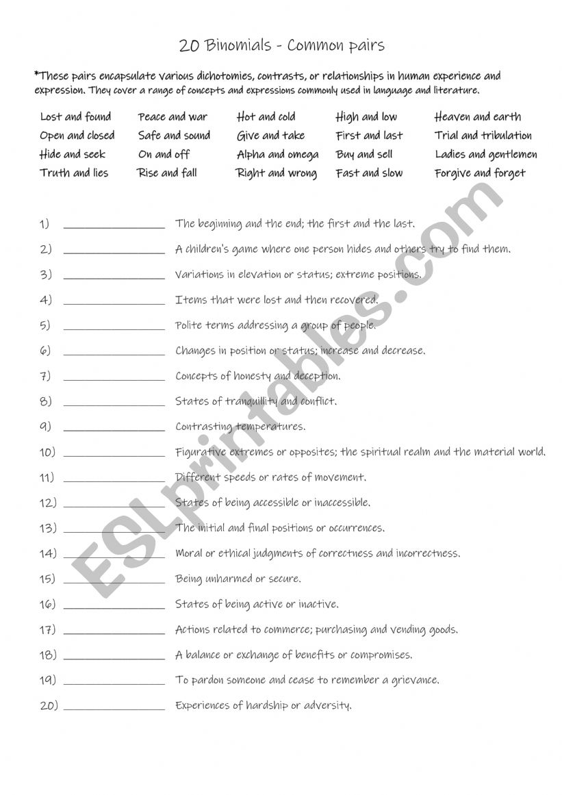 20 Binomials - Common pairs worksheet