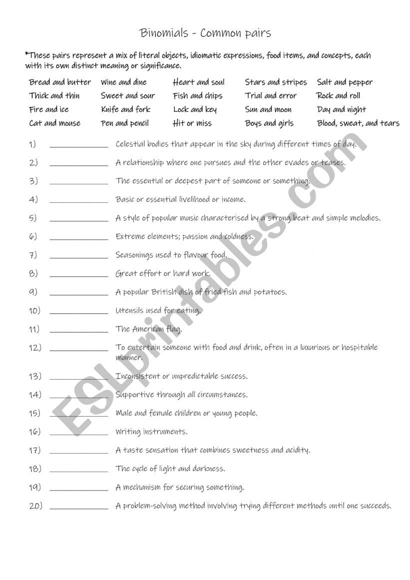 Binomials - Common pairs worksheet