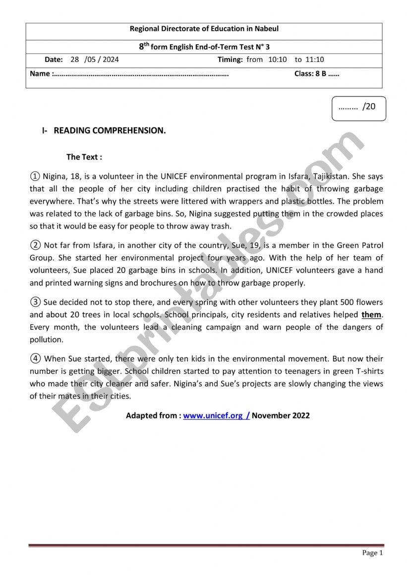End of term test 3 regional Nabeul 2024 8th form