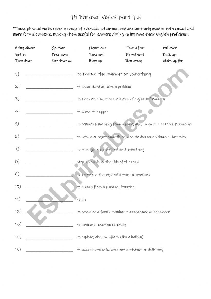 15 Phrasal verbs part 1 a worksheet