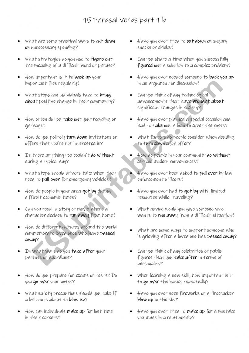 15 Phrasal verbs part 1 b worksheet