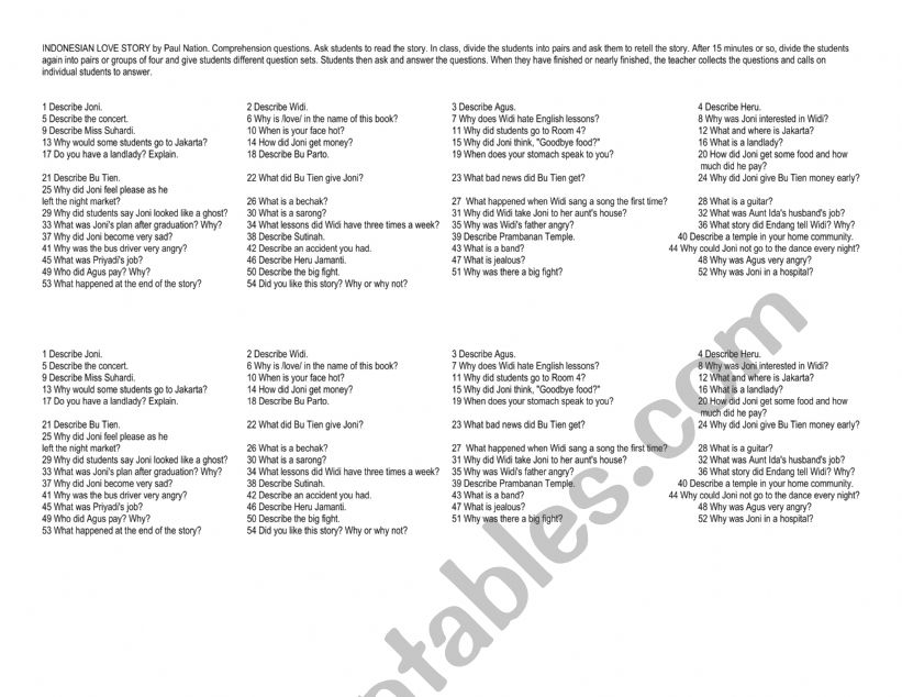 INDONESIAN LOVE STORY by Paul Nation. Comprehension questions.