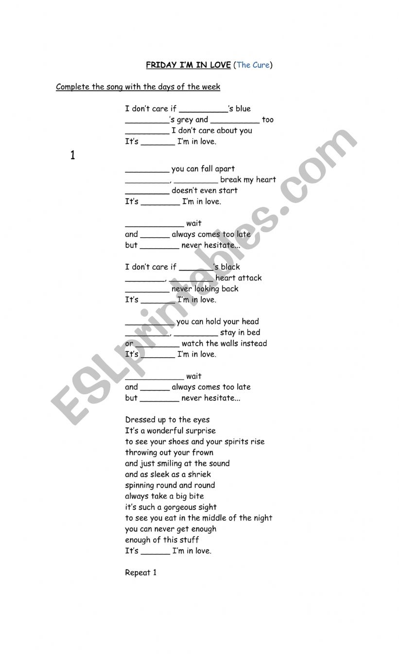 Song Friday Im in love worksheet