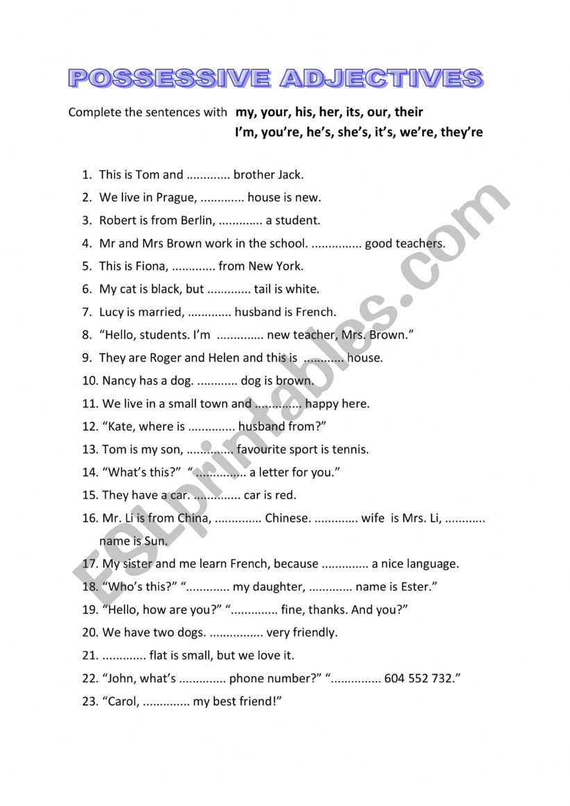 possesive adjectives worksheet