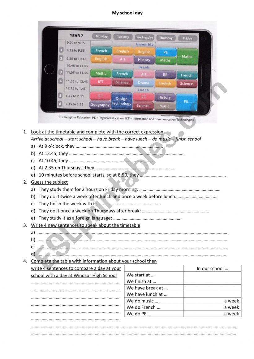 My school day worksheet