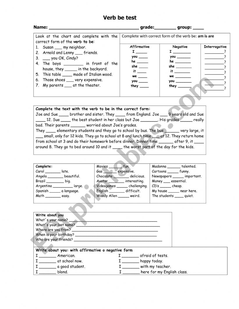 test verb be worksheet
