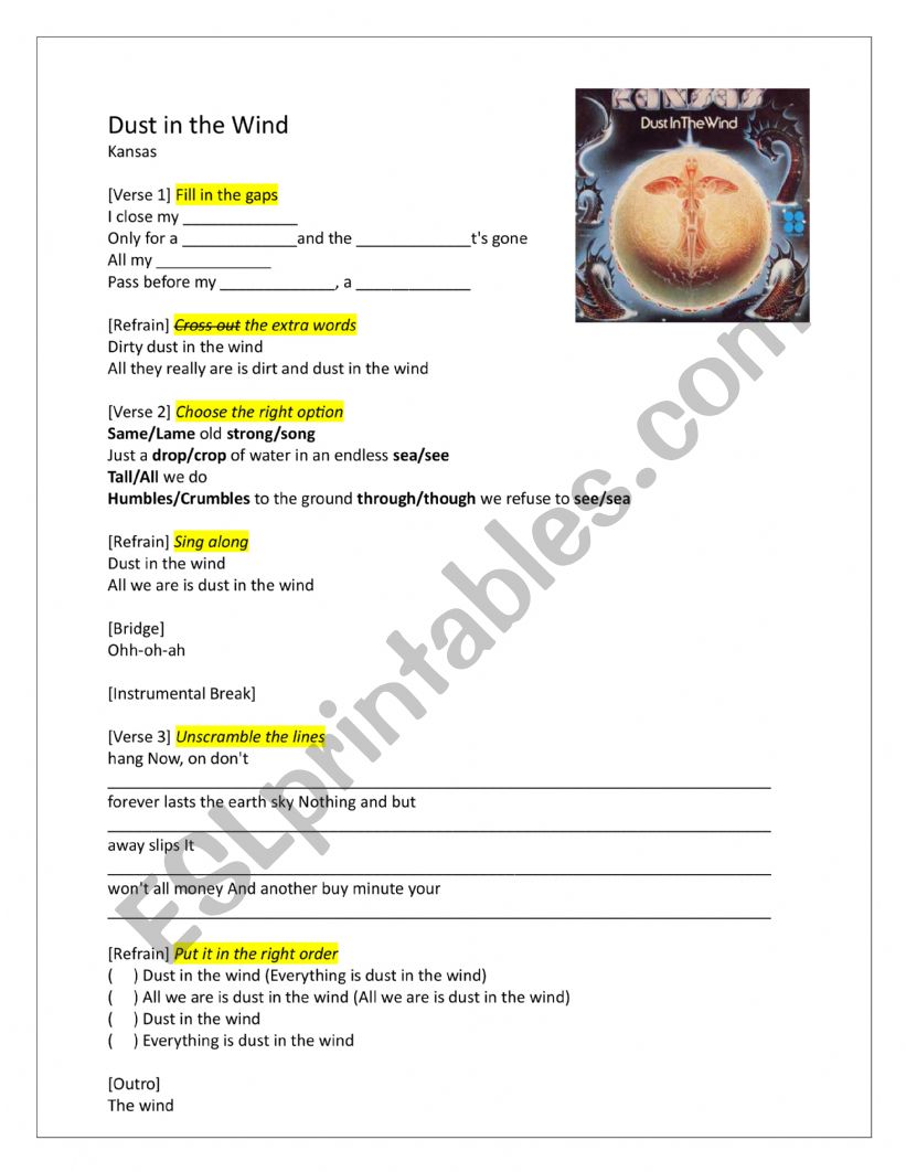 Dust in the Wind Kansas  worksheet