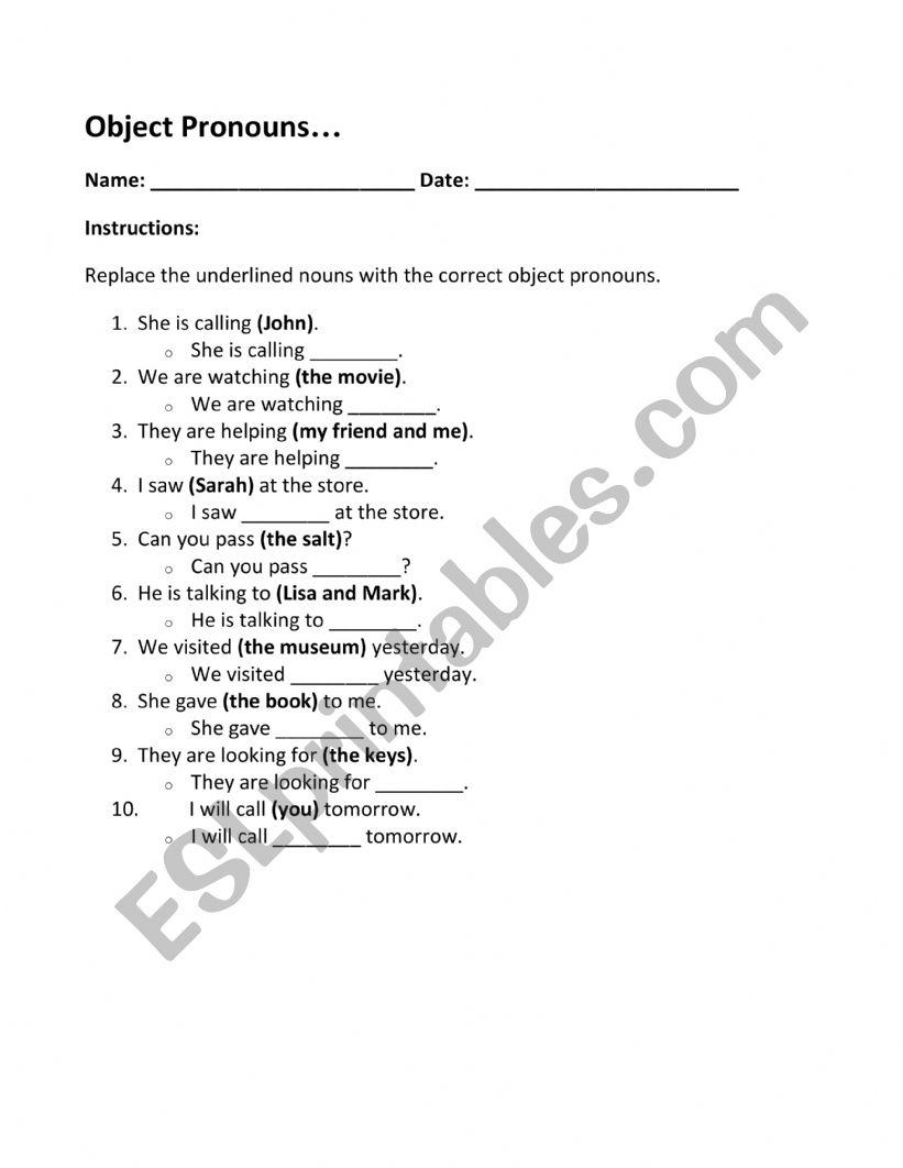 Object pronouns worksheet