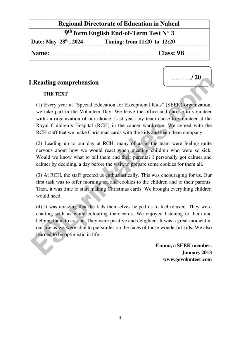 End of term test 3 9th form Regional Nabeul