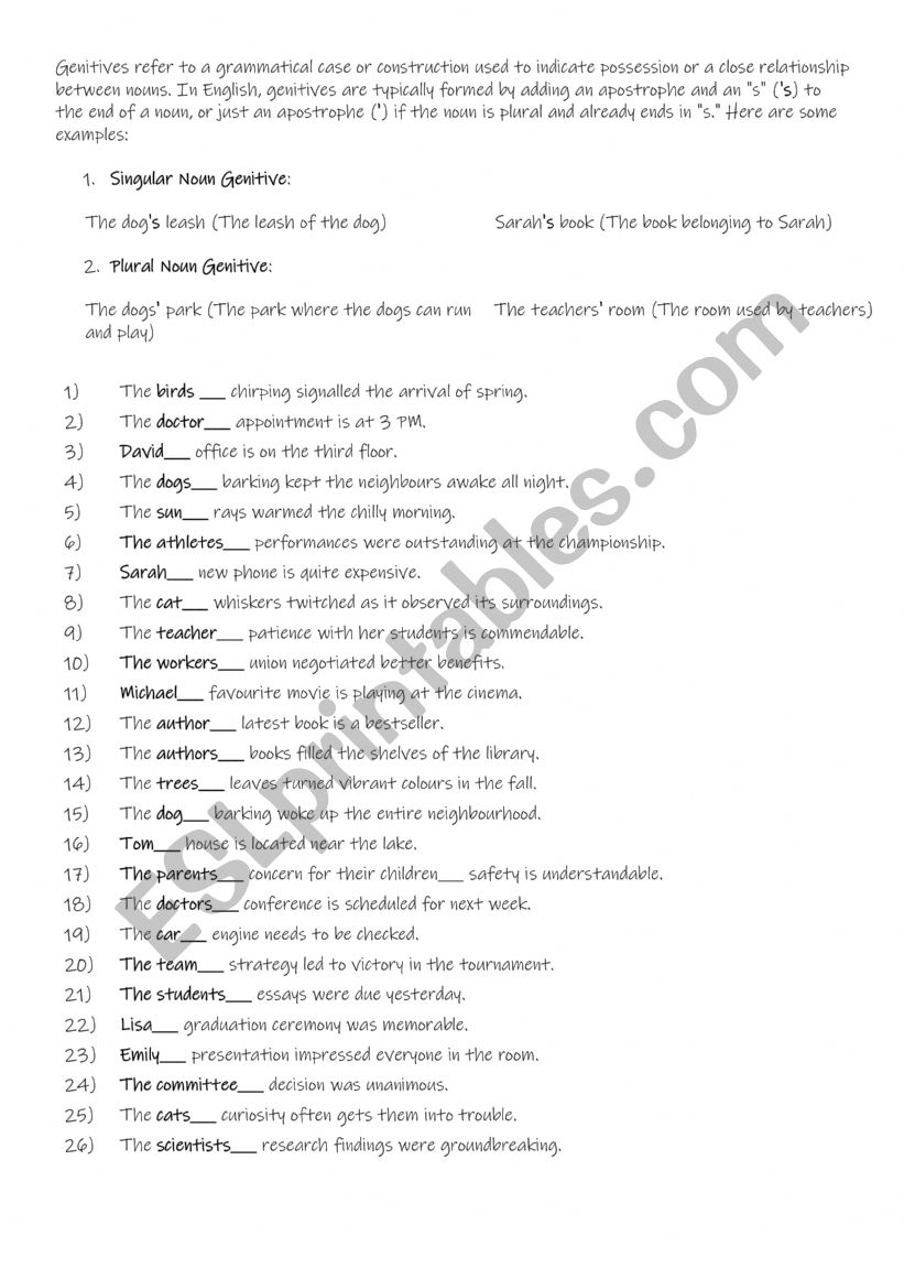 Singular and Plural genitives worksheet