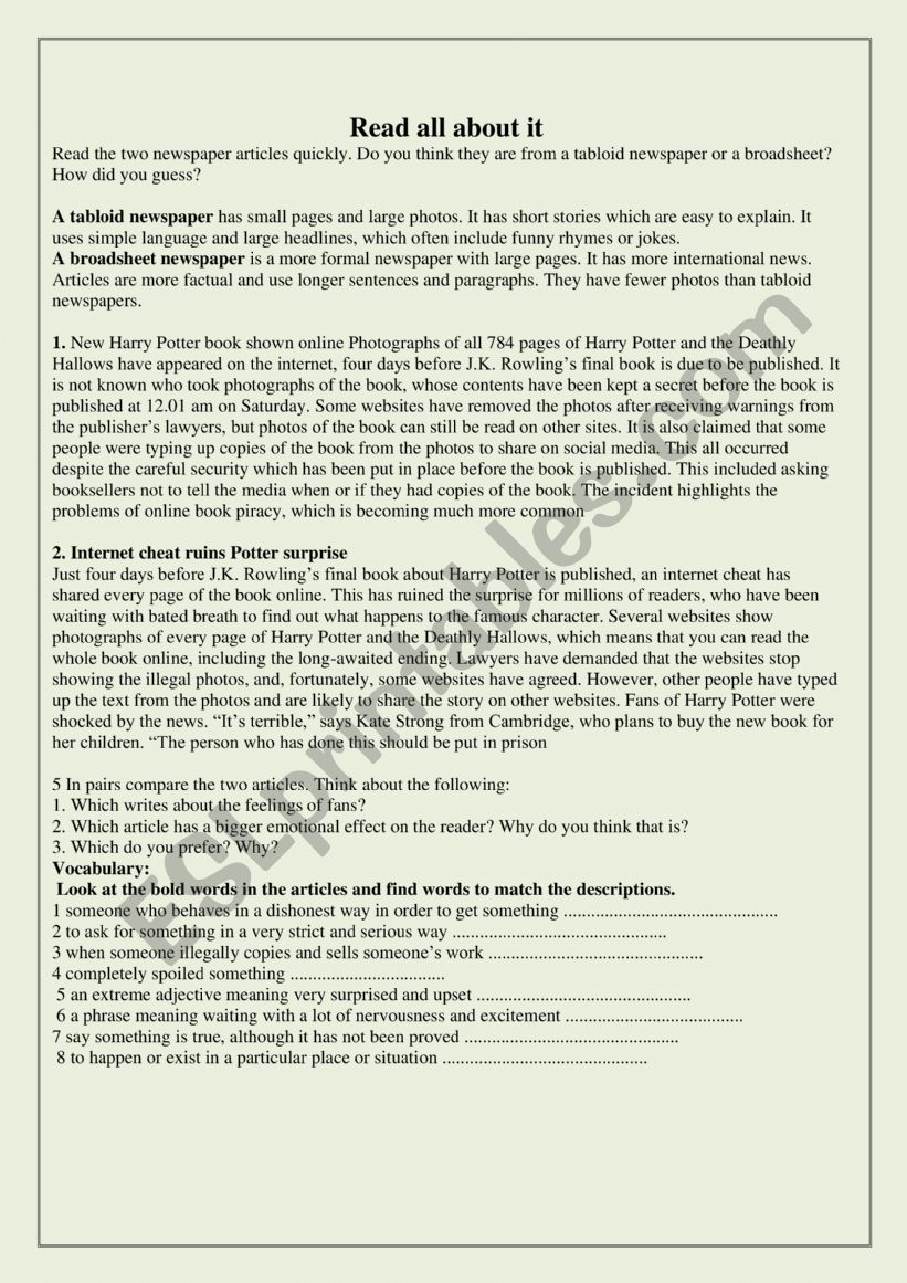 Reading text skills worksheet