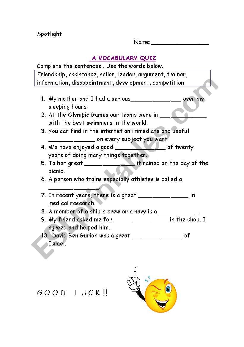 A VOCABULARY QUIZ worksheet