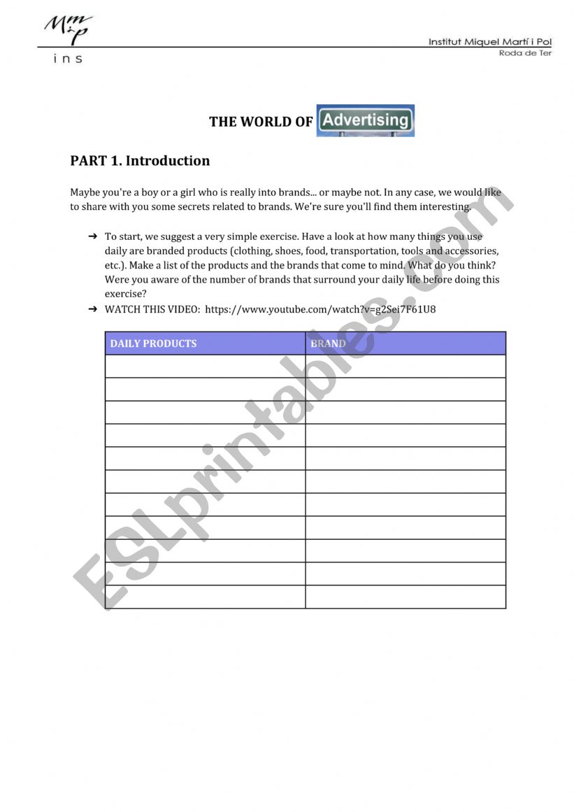 advertising worksheet