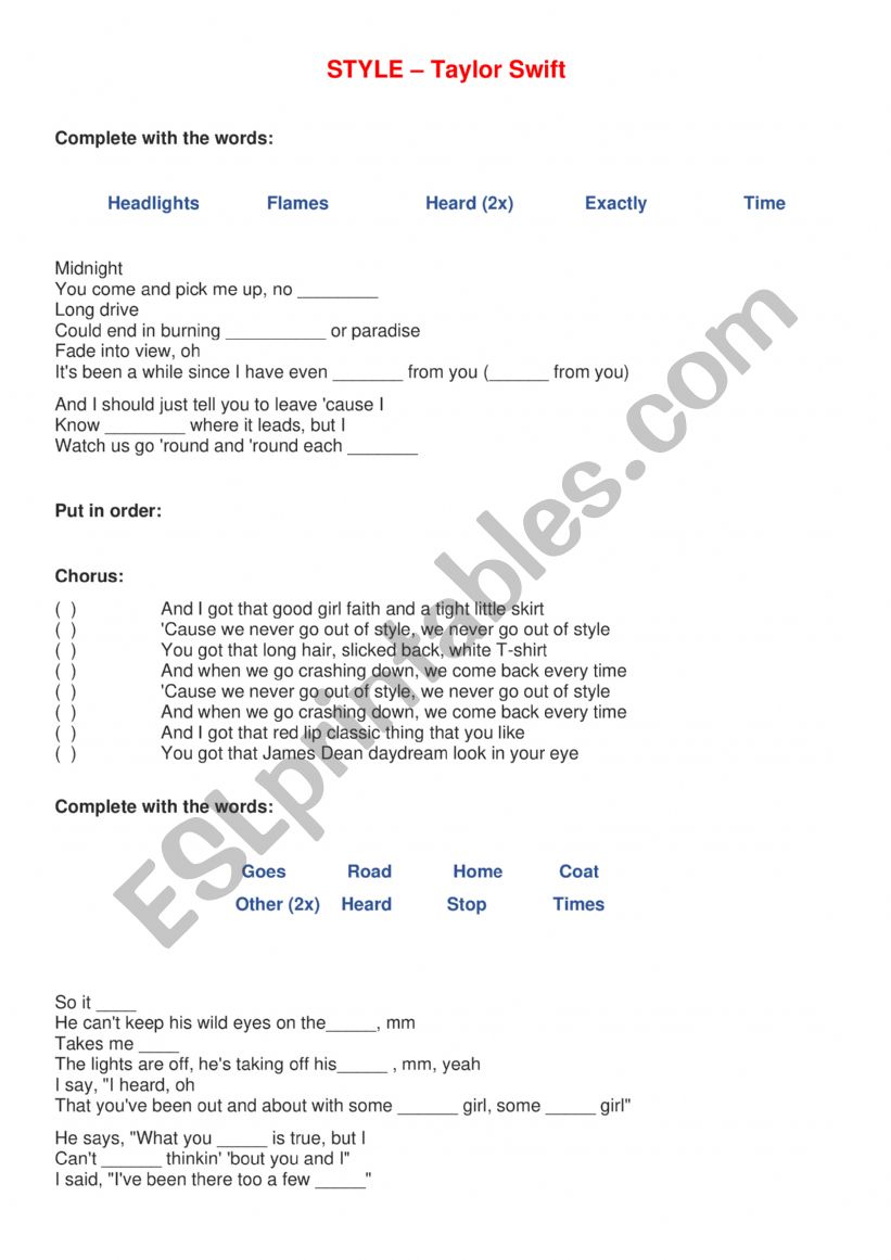 Style - Taylor Swift worksheet