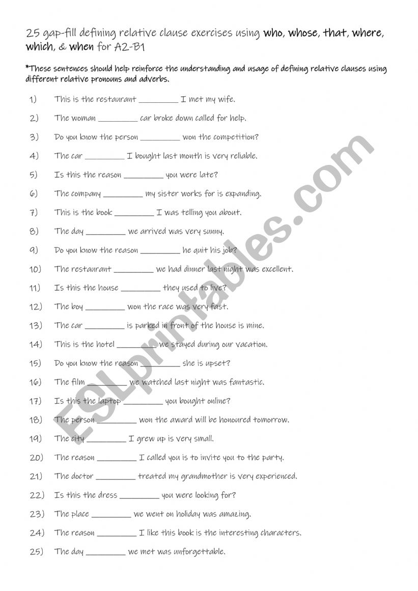 Defining relative clauses worksheet