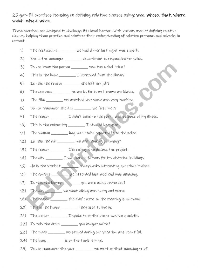 Defining relative clauses worksheet