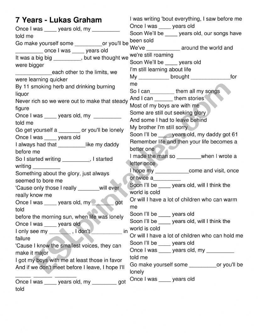 7 Years Song Activity ESL worksheet by lauremival14 7 Years Song Activity ESL worksheet by lauremival14