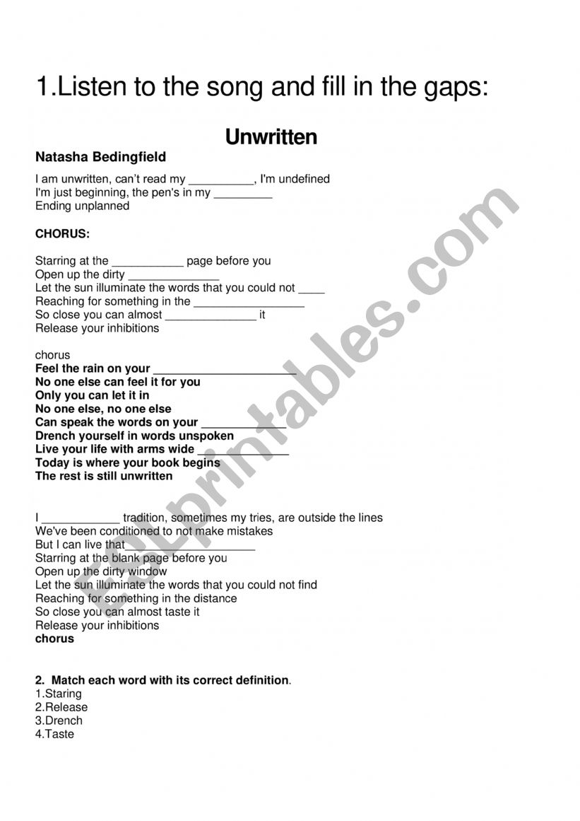 UNWRITTEN -SONG worksheet