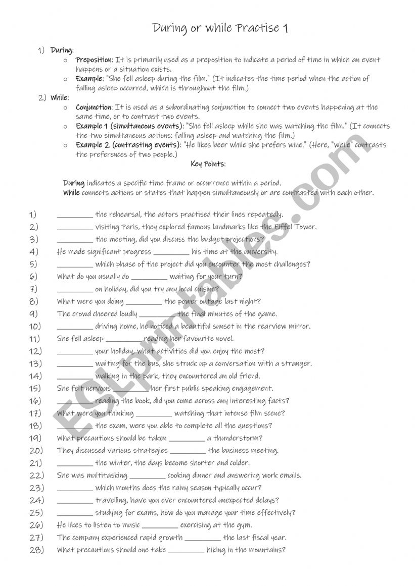 During or while Practise 1 worksheet
