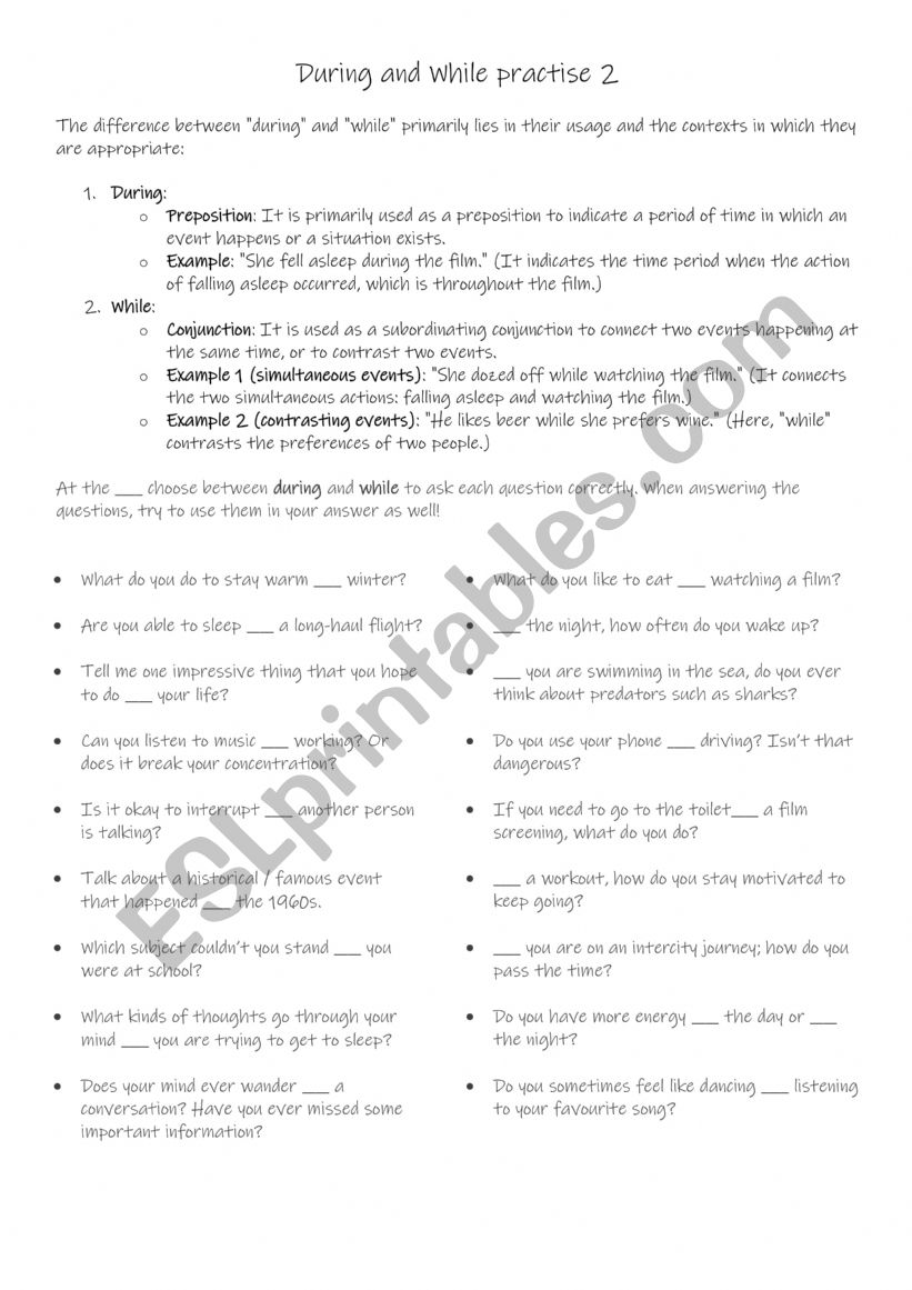 During or while Practise 2 worksheet