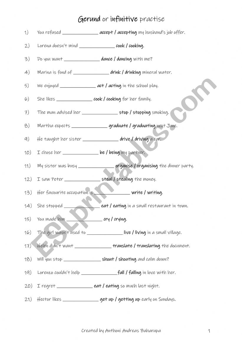 Gerund or infinitive  worksheet