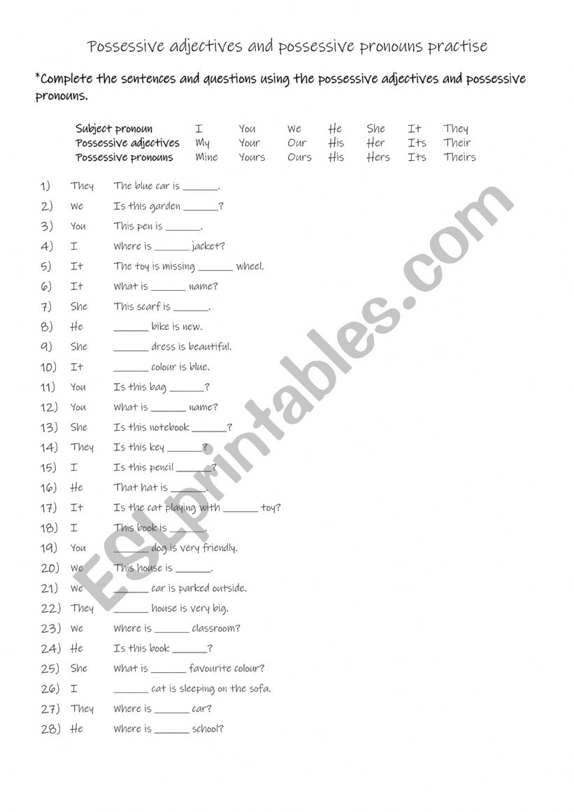  Possessive adjectives and possessive pronouns practise