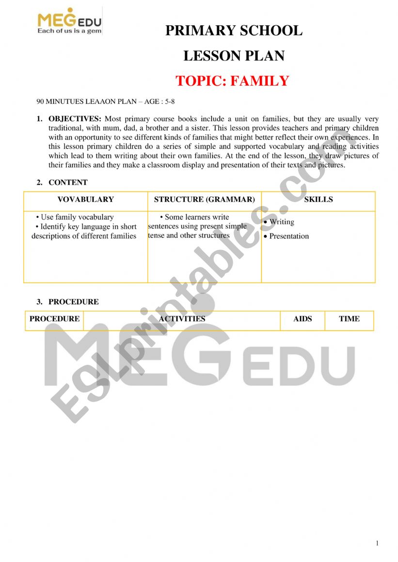 vocabulary topic family  worksheet