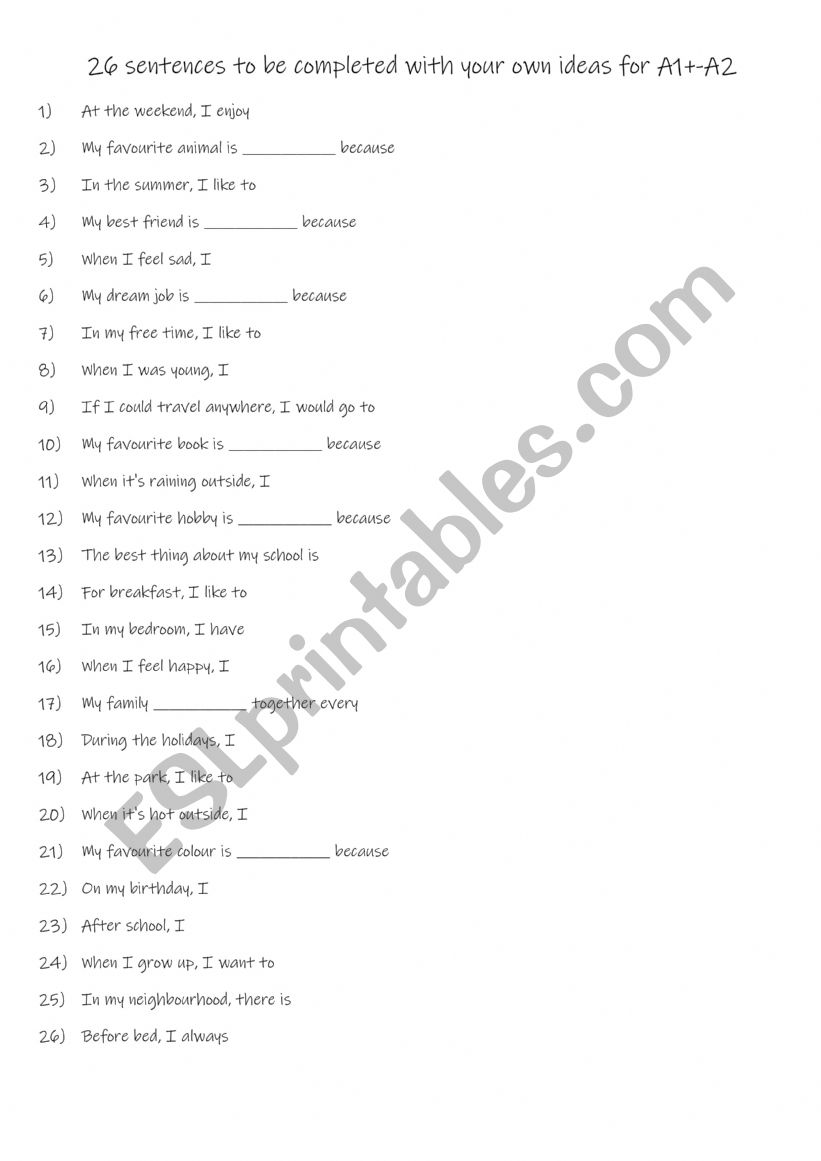 About me - 26 sentences to be completed with studentsÃ¯Â¿Â½ own ideas for A1+-A2