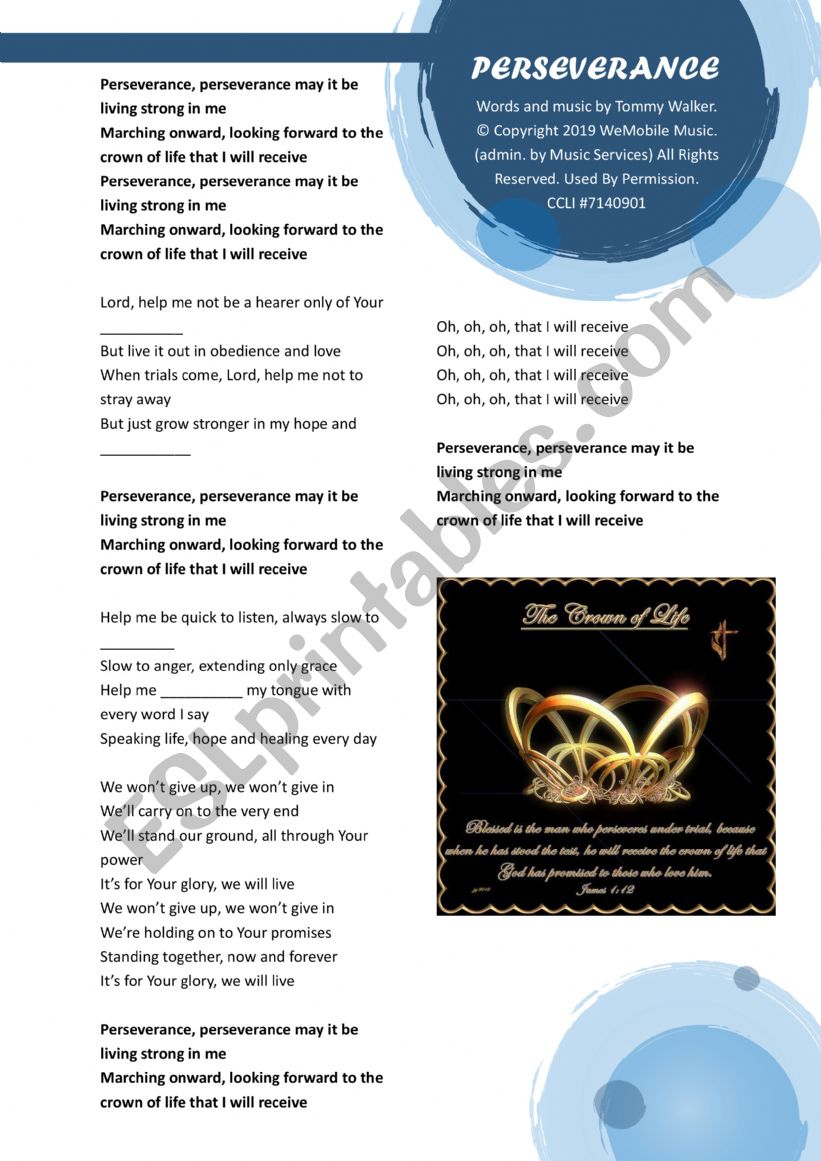 Perseverance Song Lyrics with gaps