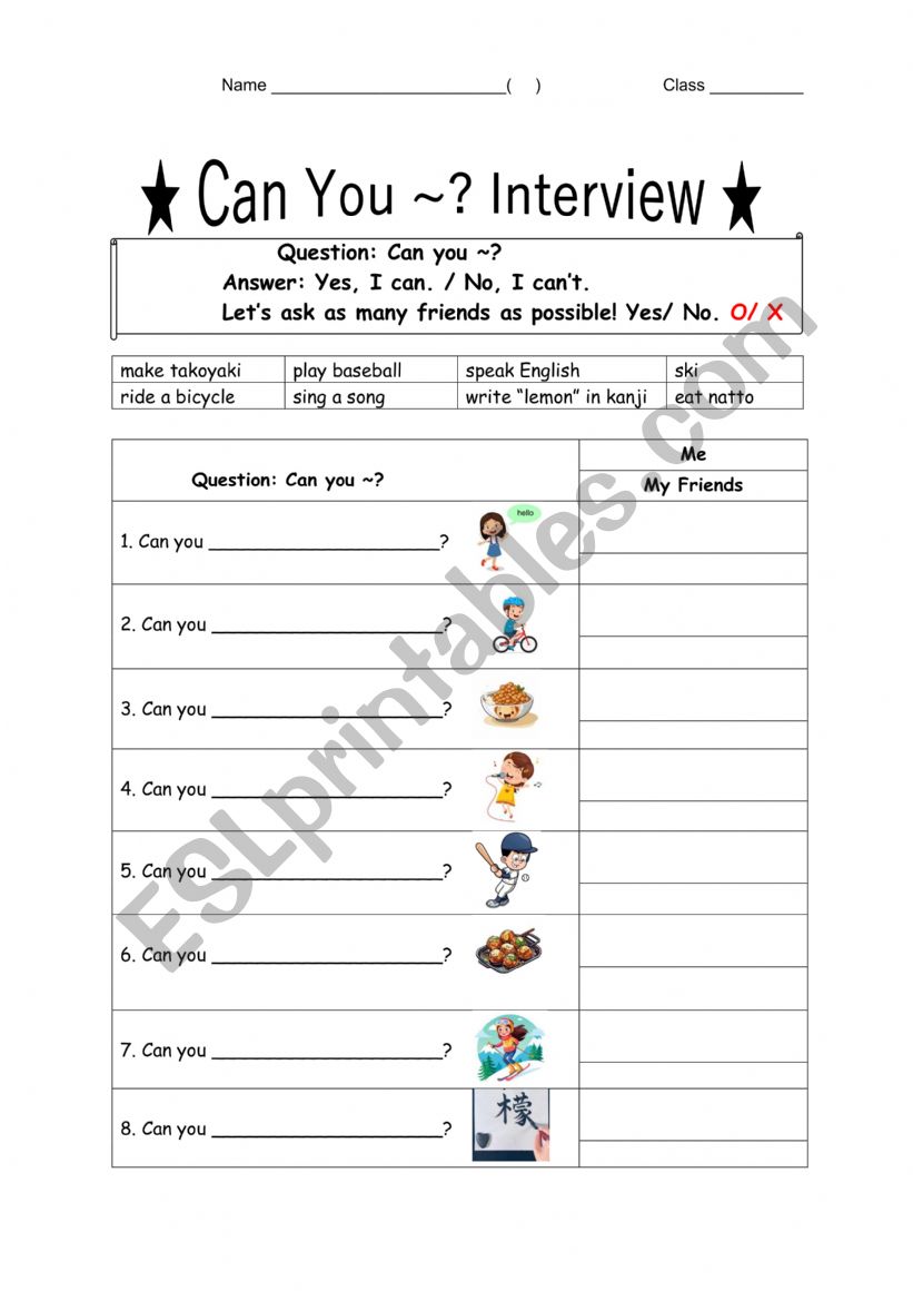 Can You ~? Worksheet suitable for Elementary to Intermediate. (Editable)