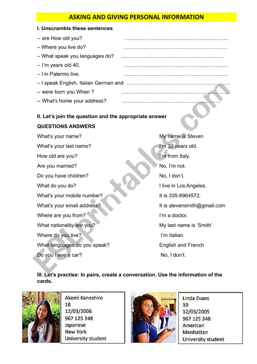 PERSONAL INFORMATION worksheet