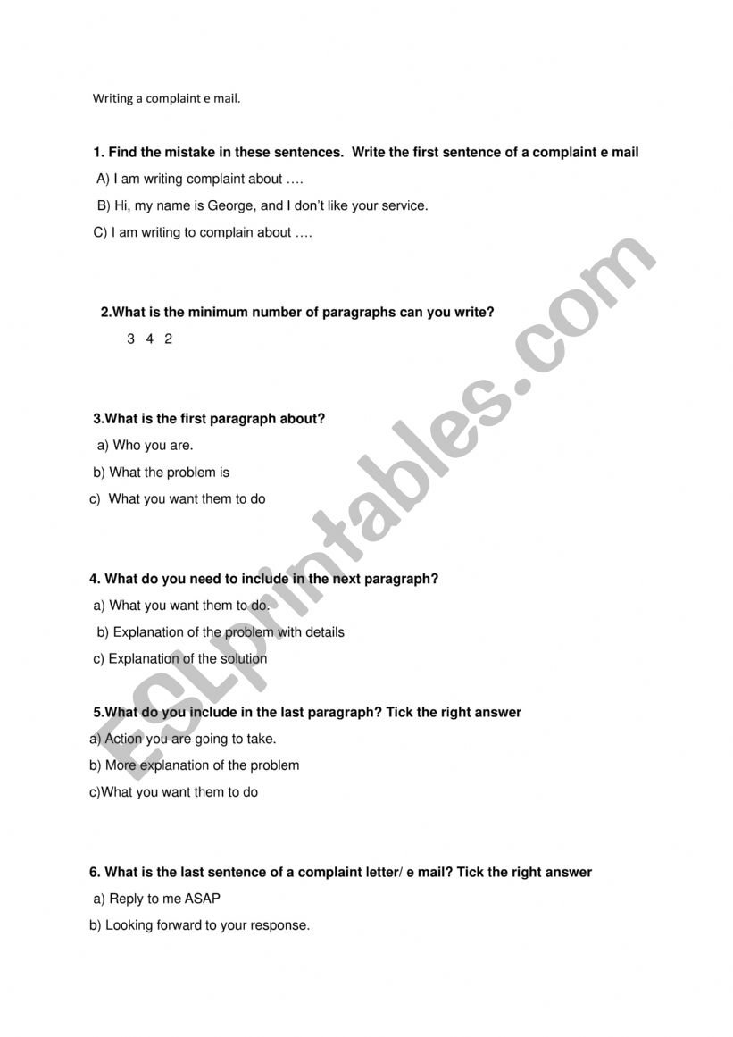 Writing a complaint  e mail  worksheet