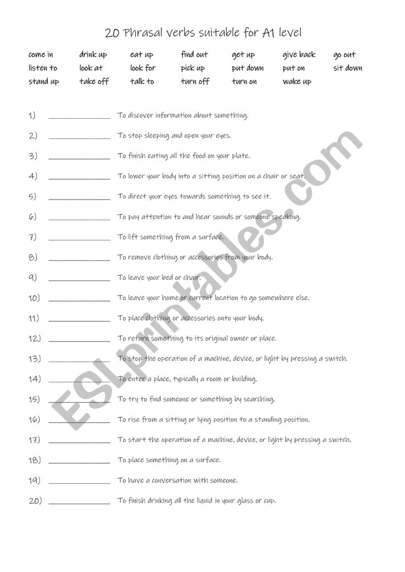 20 Phrasal verbs part 1 a worksheet