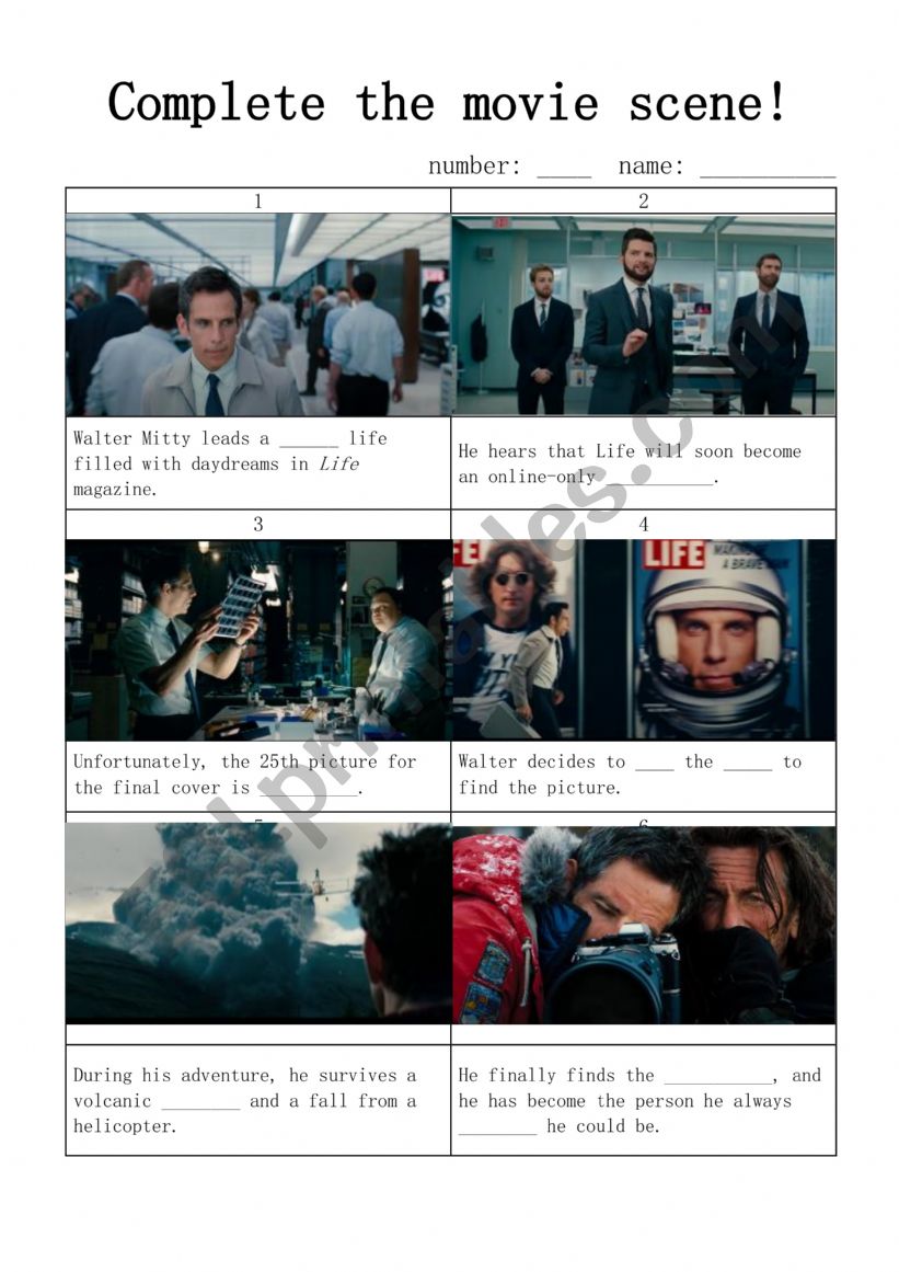 Movie The Secret Life of Walter Mitty worksheet for Korean Middle School Students