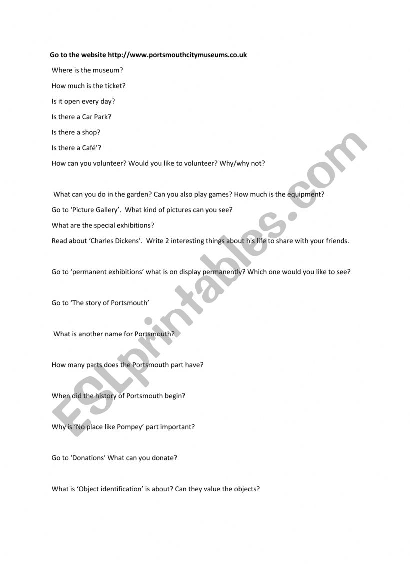 Portsmouth Museum webiste websearch questions 